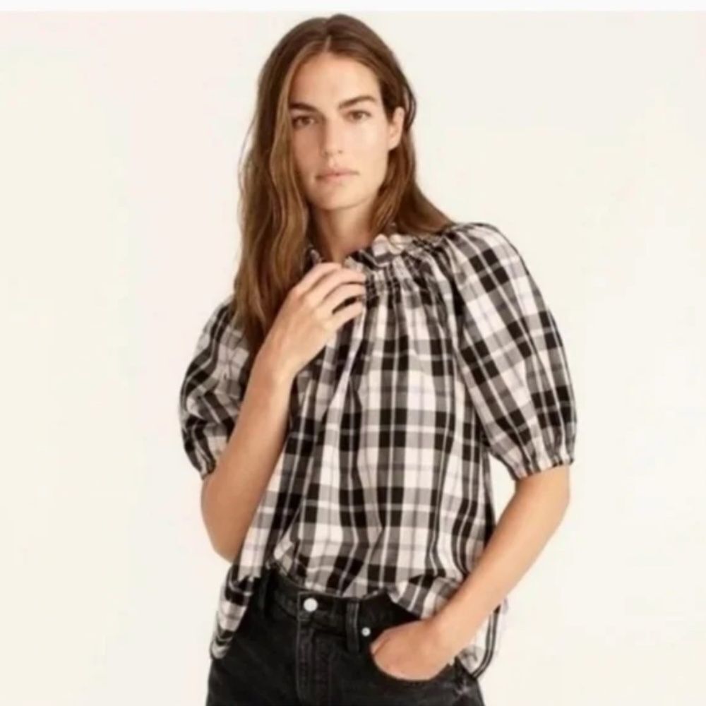 J.Crew Plaid Puff Sleeve Peasant Top Smocked Neck Cotton Blouse Small